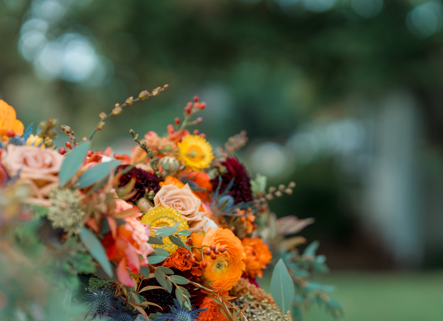 colorful fall wedding bridal bouquet by B's Flowers LLC in Gasport, NY