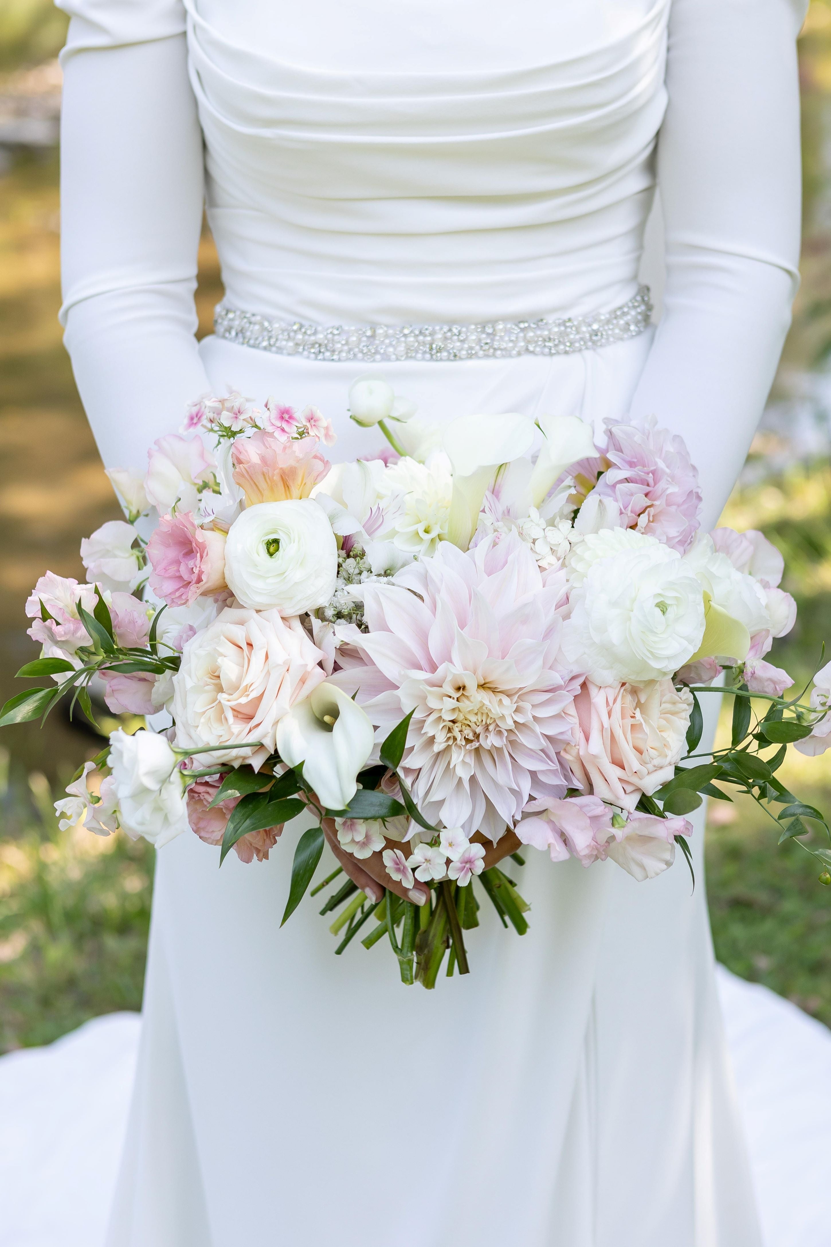 Blush wedding flowers by B's Flowers LLC in Gasport, NY