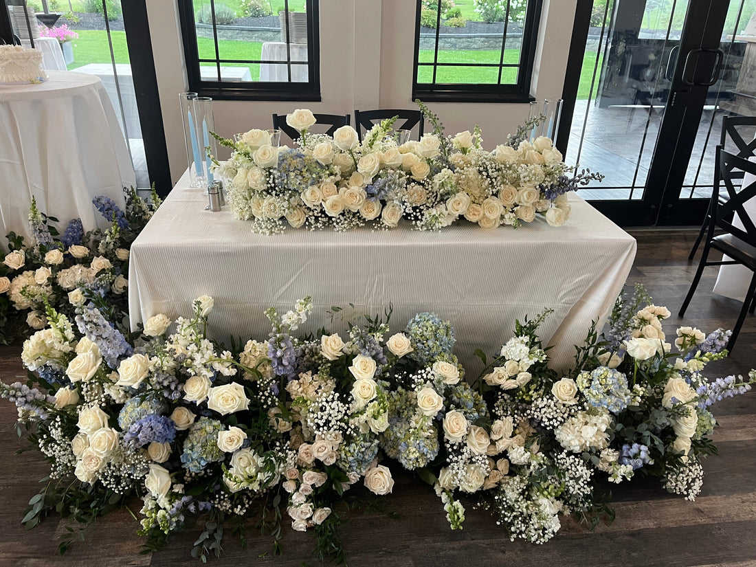 blue and white wedding flowers by frase flowers and B's Flowers LLC at The Sterling in Akron, NY