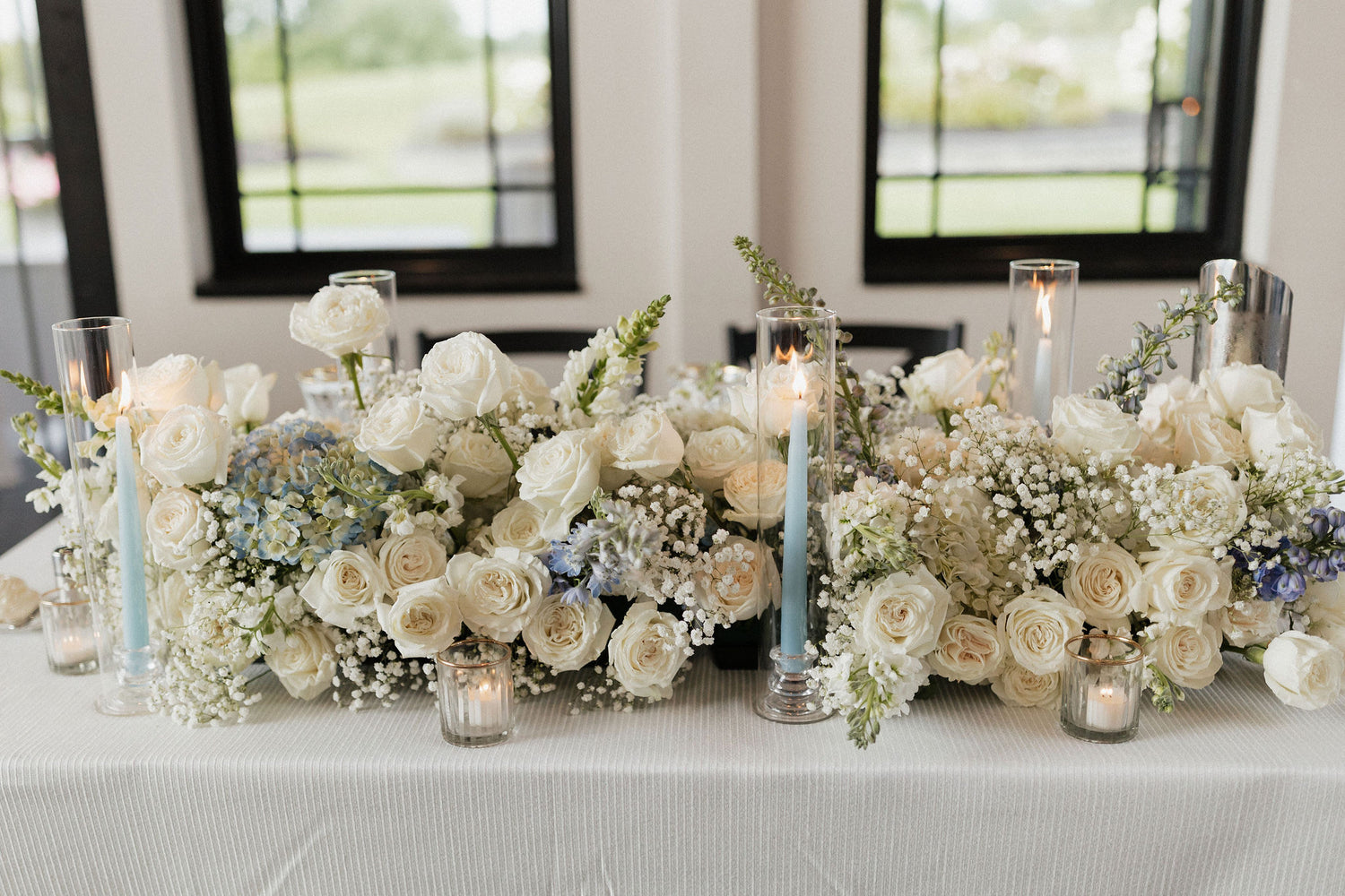 blue and white wedding flowers by frase flowers and assisted by  B's Flowers LLC at The Sterling in Akron, NY