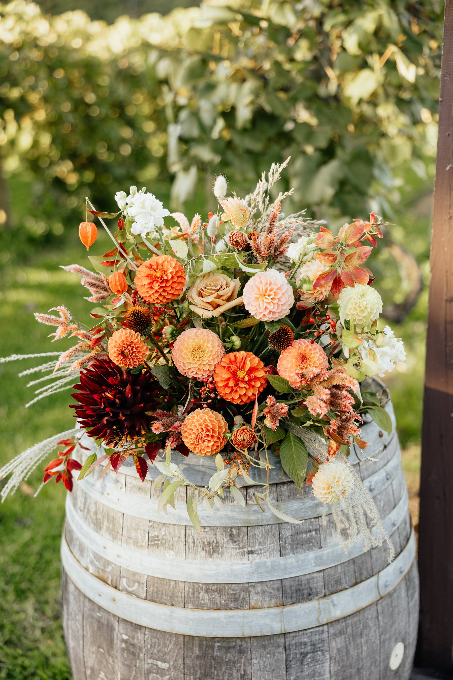 wine barrel flowers by b's flowers, buffalo, ny