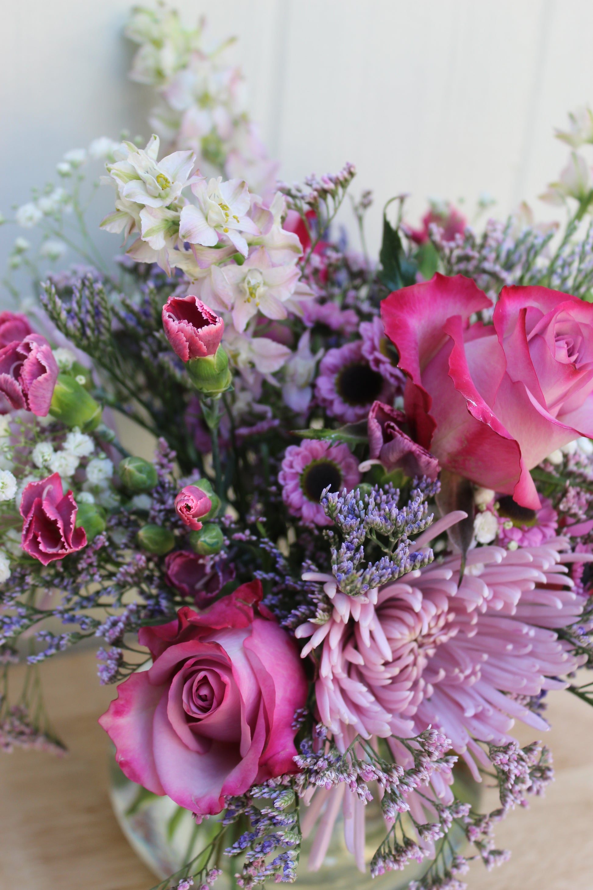purple and pink flower arrangement