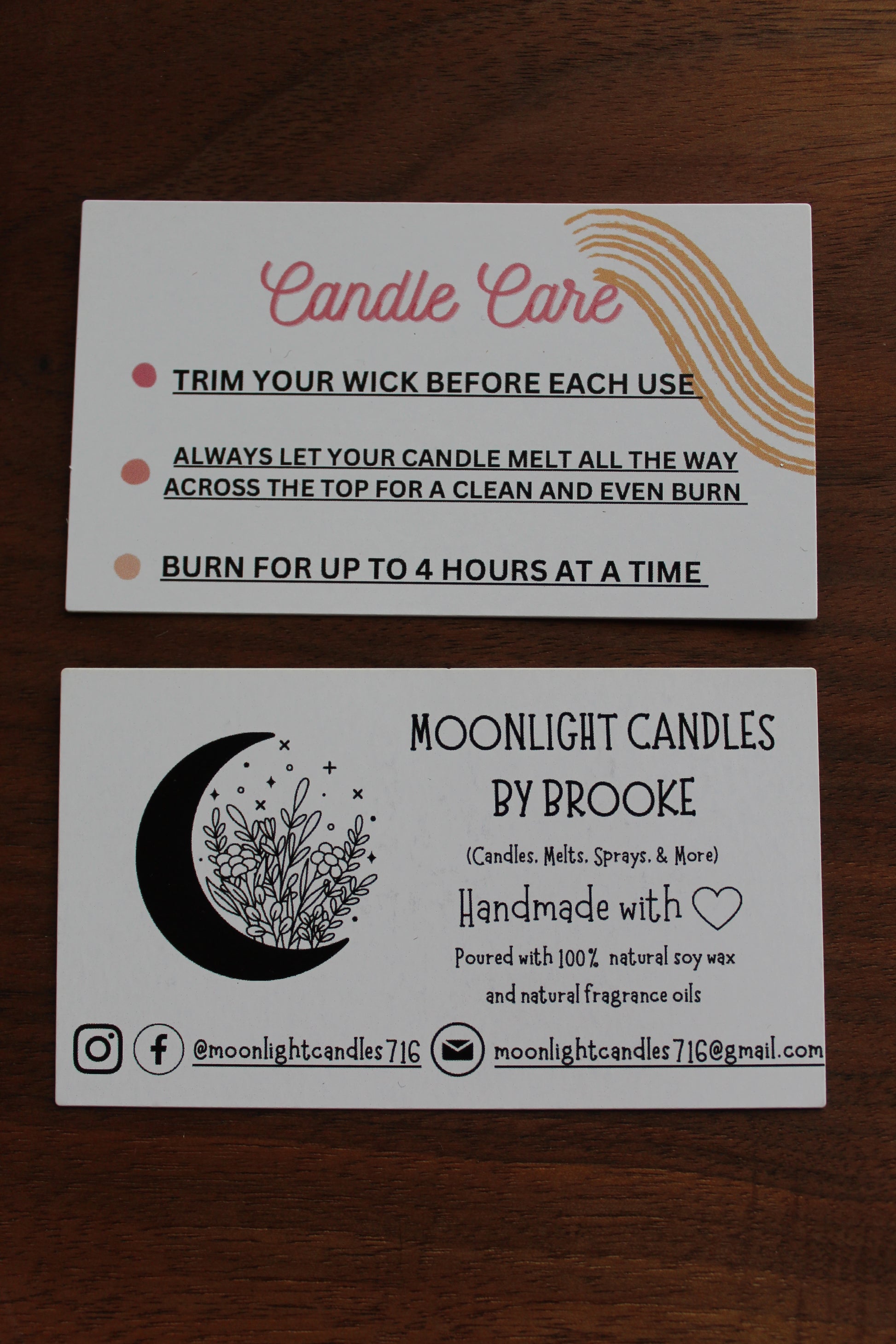 Moonlight Candles Care Card